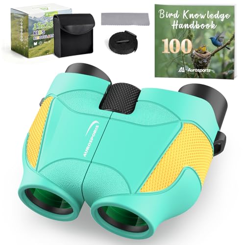Aurosports 15x25 Compact Binoculars for Kids - Small Binoculars Lightweight with Carrying Case Birding Guide for Bird Watching Hiking Camping Travel Hunting for 8-12 Years Boys Girls (Green)