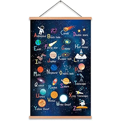 KAIRNE Outer Space Art Print With Wood Magnetic Poster Hanger Frame, Astronomy Alphabet Letters Canvas Wall Art,Abstract Universe Educational Poster,35X56CM Hanging Painting For Home Classroom Decor Cover