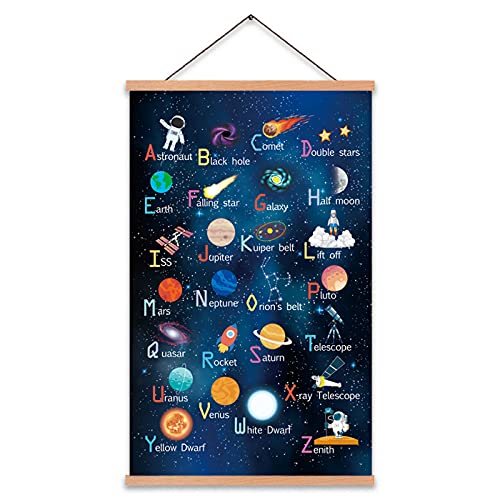 Image of KAIRNE Outer Space Art Print With Wood Magnetic Poster Hanger Frame, Astronomy Alphabet Letters Canvas Wall Art,Abstract Universe Educational Poster,35X56CM Hanging Painting For Home Classroom Decor