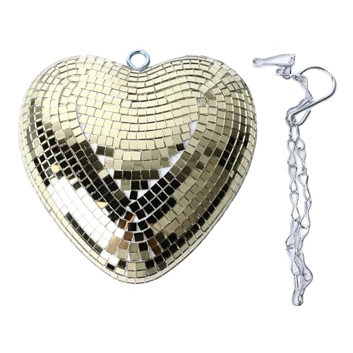 Bola espejada en forma de corazón, decoración brillante y reflectante con gancho y cadena para fiestas, bodas y eventos, material espuma con baldosas de vidrio espejado, 52 cm de largo (oro champán) miniatura 1