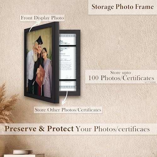 Image of Wooden Document Photo Frame with Storage, Certificate Holder Frame for Wall Mount & Tabletop | Memory Frame for Birth Certificate, Awards & Photos | Premium Finish ( Black, Size 9.2X12.6 Inch )
