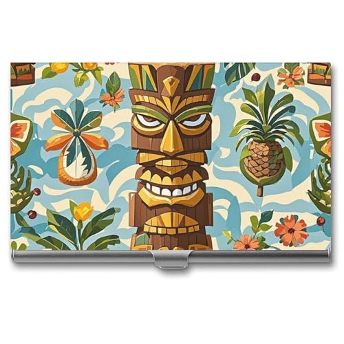 Slim Metal Business Card Holder - Vintage Aloha Tiki Pattern Aluminum Alloy Card Case with Buckle Closure, Holds 20 Cards & Cash, Professional Credit Card Size ID Holder for Men Women Gift