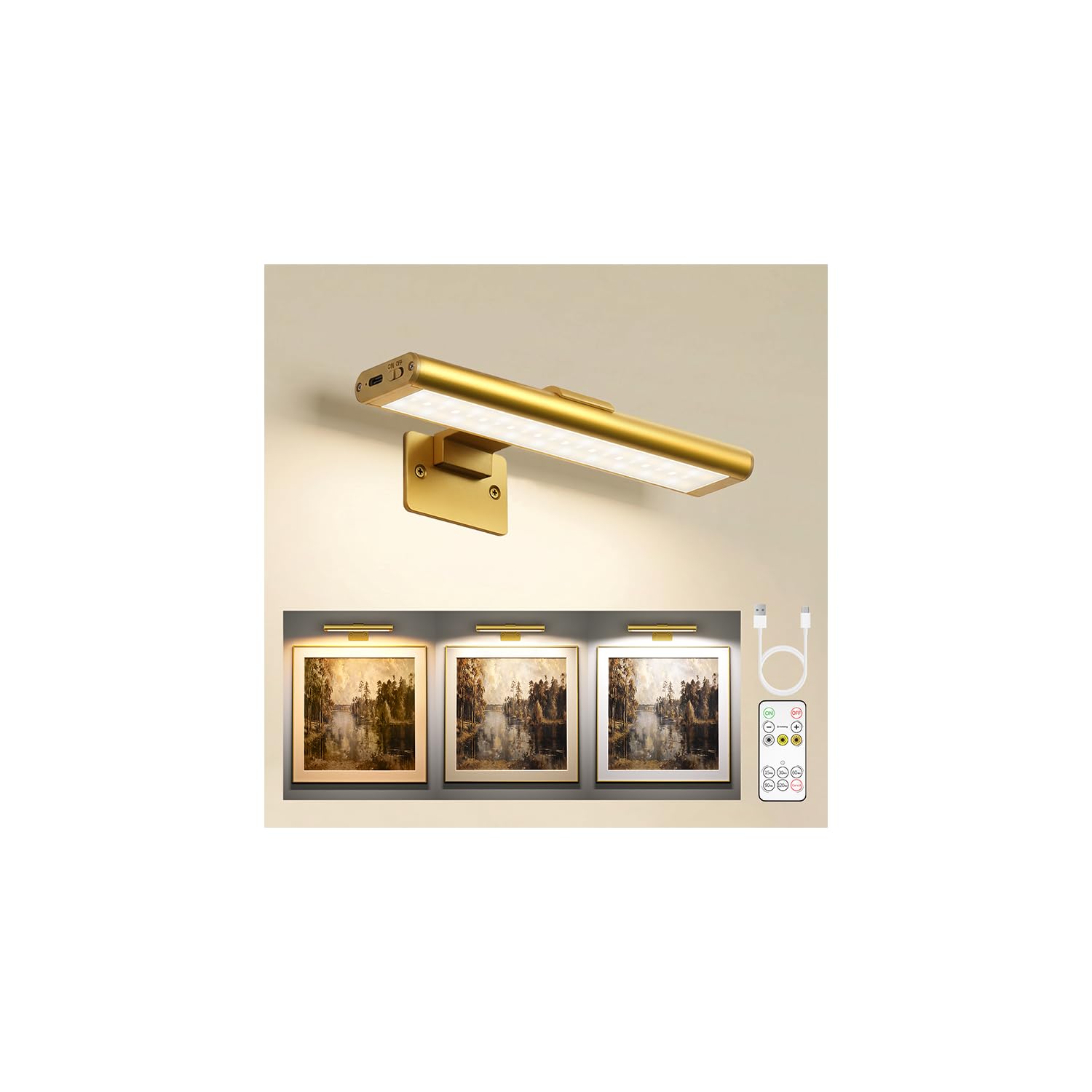 EZVALO Picture Light for Wall, Rechargeable 2400mAh Battery Lights with Wireless Remote, Dimmable Magnetic LED Art Painting Light with 3 Color Temperatures (Pack of 1, Gold)