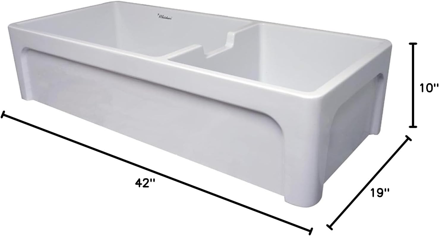 White 43" Fireclay Double Bowl Farmhouse Kitchen Sink