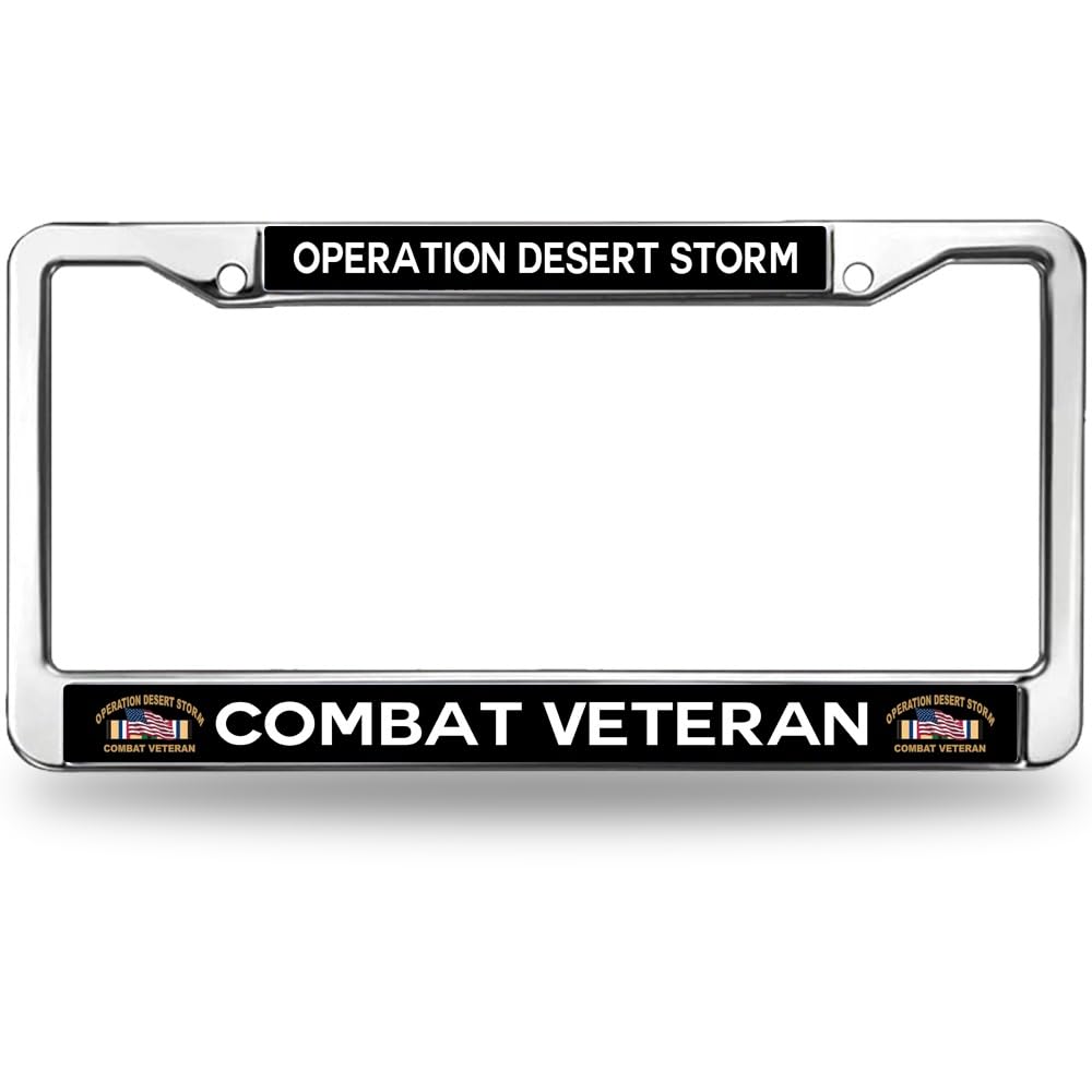 Desert Storm Combat Veteran License Plate Frame, Stainless Steel Tag Cover