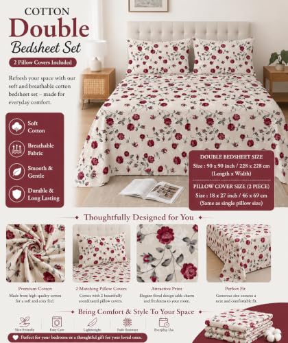 Image of IVAZA 240 TC Soft Ezyption Cotton Floral Print King Size Bedsheet - with 2 Pillow Covers, Hypoallergenic, Brethable, (Size- 90 x 90 Inch) Deep Rose