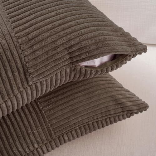 Image of Fancy Homi 2 Packs Dark Brown Decorative Throw Pillow Covers 16x16 Inch for Living Room Couch Bed Sofa, Rustic Farmhouse Boho Home Decor, Soft Corss Patchwork Corduroy Textured Cushion Case 40x40 cm