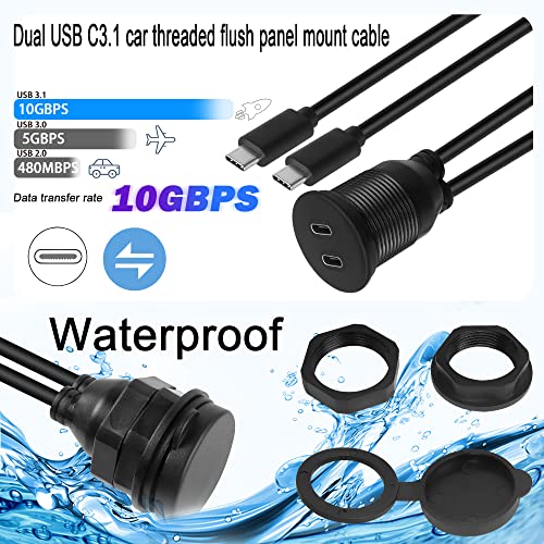QIANRENON Dual USB C Threaded fixing Embedded Car Waterproof Cable 10Gbps 2 Port USB C 3.1 Male to Female Flush Panel Mount Extension Cable - Image 2