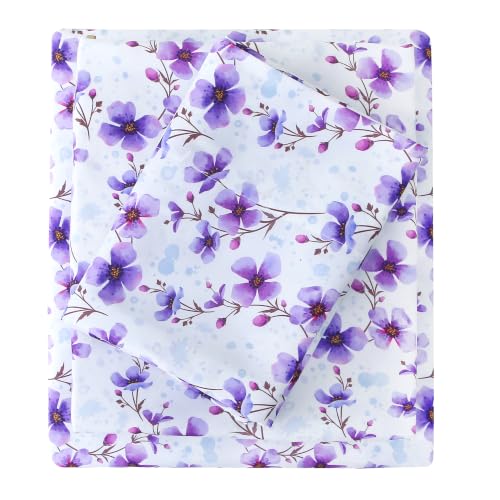 Image of Mooreeke Cozy Floral Microfiber Printed Queen Sheet Set - Soft & Breathable Purple Floral Bed Sheets with Deep Pocket - Non-Slip Fitted Design - Purple Flowers Pattern - Queen