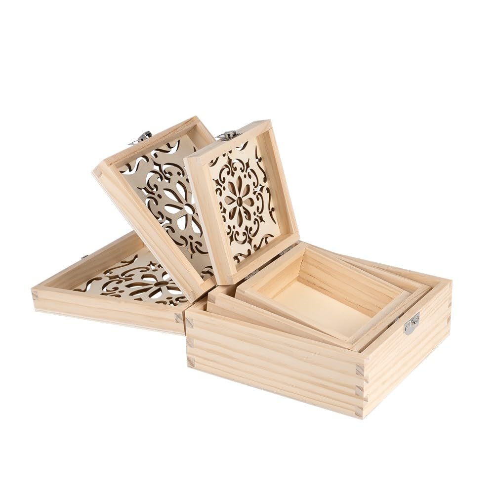 Ideen Mit Herz – Set 3 Scatole In Legno Vintage Con Coperchio Decorato Al Laser – Fai Da Te E Decorazione