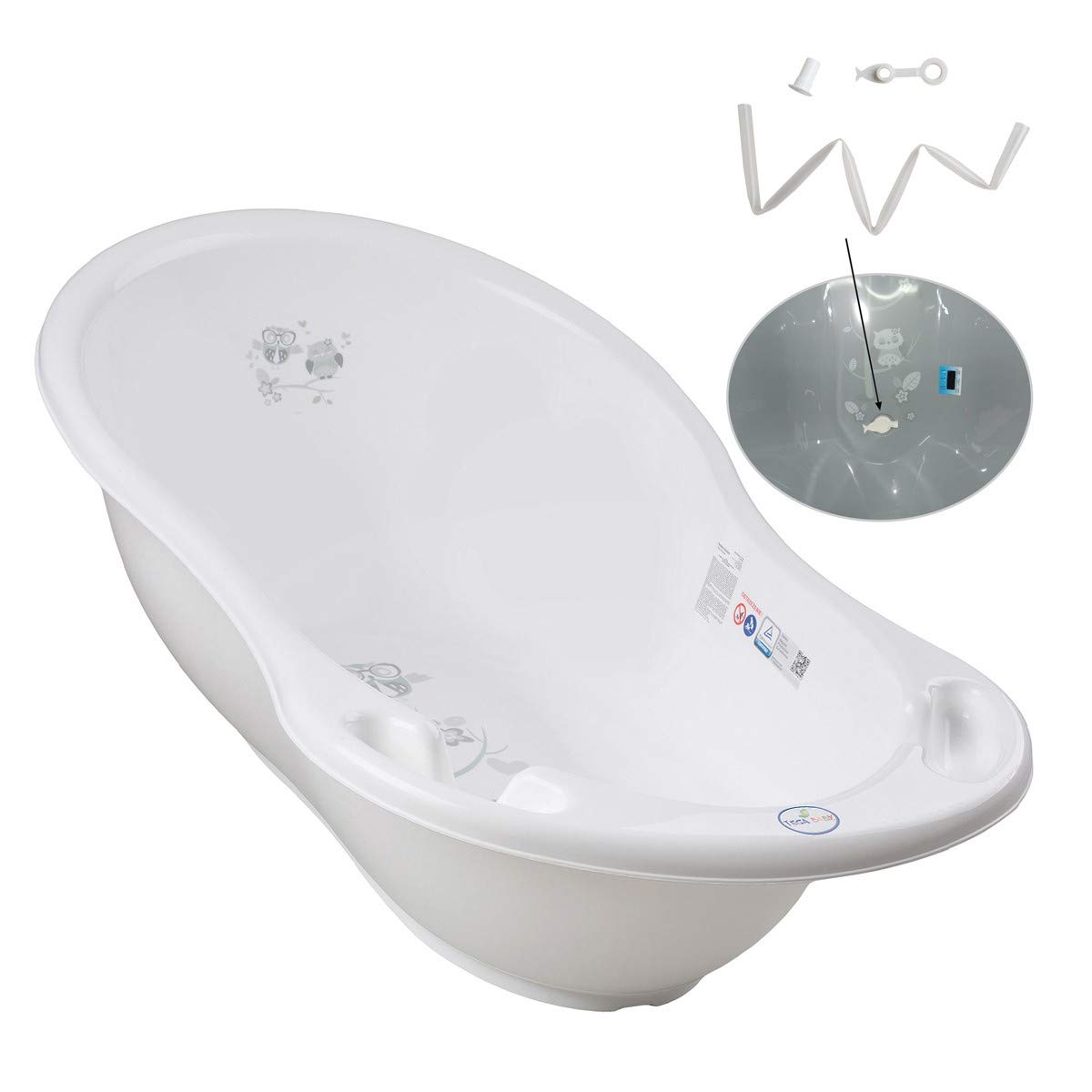 Baignoire bébé thermomètre 86 cm Blanc Owls Avec pied et tuyau
