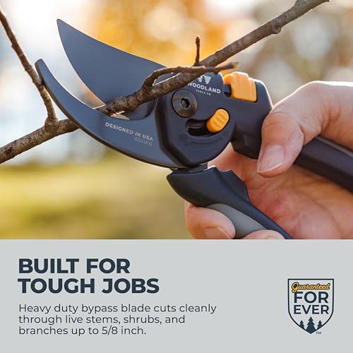 Image of Woodland Tools Co. Heavy Duty Bypass Pruning Shears - 5 /8 inch Cut Capacity, High Carbon Steel Blade, Internal Spring, Adjustable Grip Slider, Garden Hand Pruner for Plants, Shrubs, and Live Stems