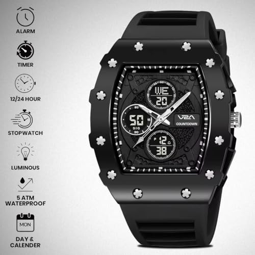 Image of V2A Impact-TERRAX 3105 Analog-Digital Watch for Men | Bold Tonneau Design with Multi-Display Dial | 50M Waterproof Sports Watch | Countdown, Alarm & Stopwatch