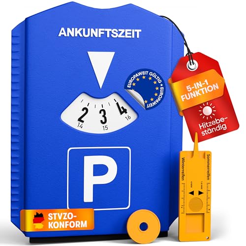 PURAHELP® 5-in-1 Parkscheibe inkl. Einkaufswagenchip, Reifenprofilmesser und Eiskratzer (StVO konform) - Parkuhr Auto und Motorrad - Parkkarte - Parking disc