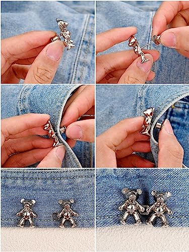 Image of 2pcs Cute Bear Button Pins for Jeans Adjustable Teddy Bear Button Pins Waist Buckle for Loose Jeans Pants, Detachable Buttons for Jeans Waist Buckle No Need Sewing Waist Tightener Clip (Bear Silver)
