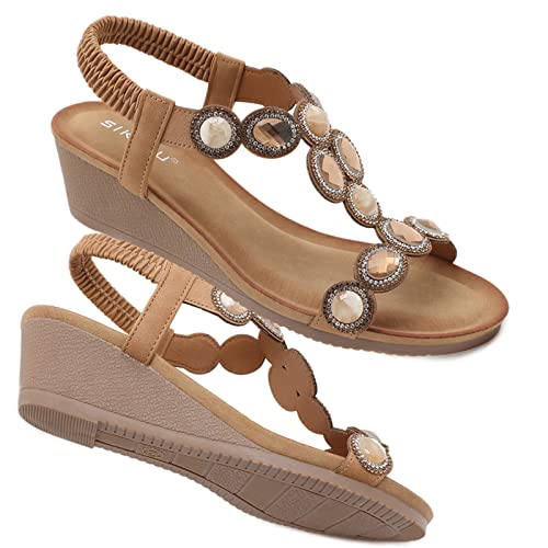 Unifizz Wedge Sandals For Women Bohemia Elastic Ankle Strap Sandals Open Toe Sparkly Rhinestone Summer Platform Outdoor Shoes Sandal(Brown,Size 9.5) #TOP3
