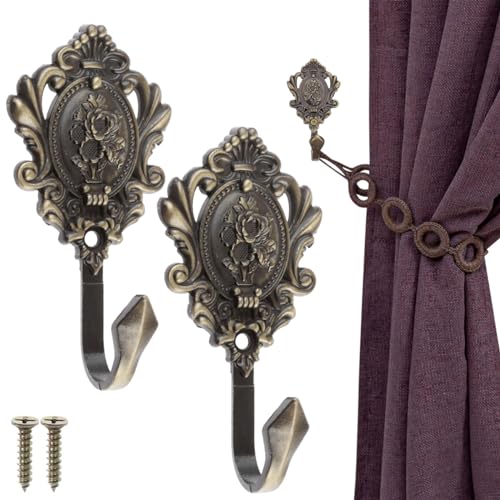 Image of HASTHIP 2Pcs Vintage Zinc Alloy Wall Hooks, Decorative Carved Design, Multipurpose Hooks, Used to Hang Clothes, Bags, Coats, Curtain Hold Backs and Keys (Antique Cyan)