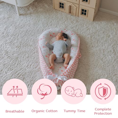 Image of Aila+Aiden Baby Lounger | Organic Cotton Infant Lounger | Reversible, Adjustable & Portable Floor Lounger | Supervised Use | Soft, Breathable, Washable Cover - Star Collection (Pink)
