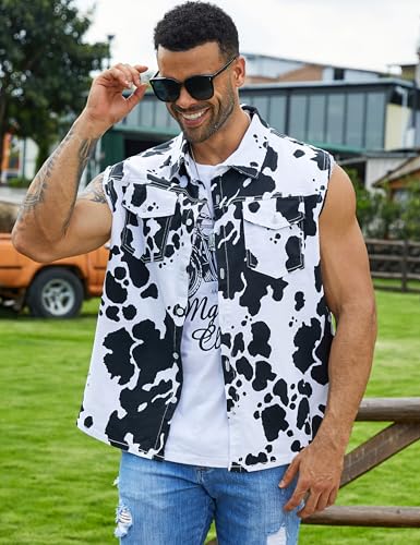 Cow Print Vest Men Sleeveless Cowboy Jacket Animal Pattern Shirt Western Tops Halloween Outfit4