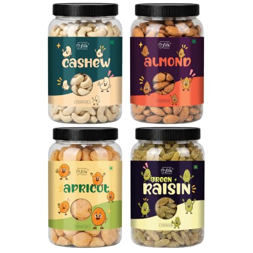 Image of LILA DRY FRUITS Dry Fruits Combo Pack of Cashews, Almonds, Green Raisins & Apricots 100 Gms x 4 Assorted Nuts and Dried Fruits Mix for Daily Snacking Perfect for Gifting