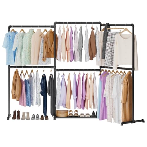 OPPAIYA Perchero grande para ropa resistente, con 6 barras para ropa, soporte de metal para ropa y estante, flexible, forma L/U, ajustable, armario abierto, soporta hasta 300 kg, color negro