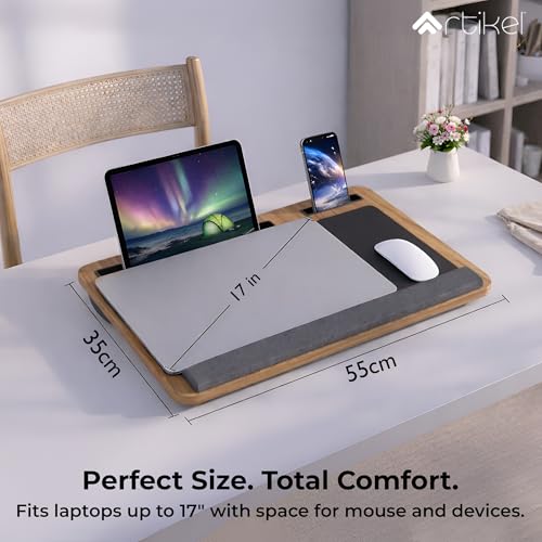 Image of Artikel Lap Desk Pillow for Laptop - Fits Up to 17 inch Laptop Portable Bed Desk Tray Built-in Mouse pad& Wrist Support-Wooden Lapdesk for Work from Home & Study with Cushion (Walnut Wood)