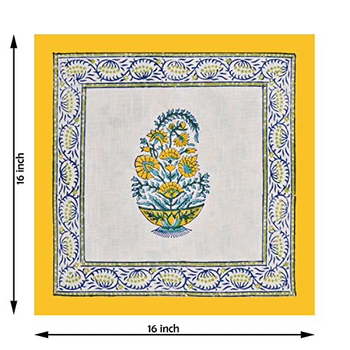 Image of BLOCKS OF INDIA Hand Block Printed Cotton Linen Cushion Cover (16 X 16 Inches) (Blue Yellow Motifs), 250 TC