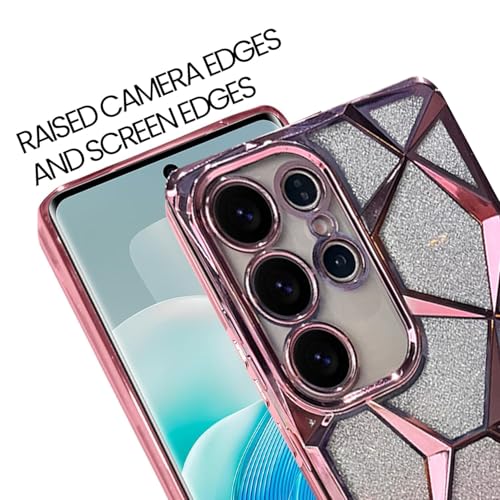 Image of VONZEE Gradient Glitter Case for Samsung S25 Ultra, Luxury Electroplated 3D Cube, Diamond Bling Shiny Soft TPU Clear Shockproof Women Girls Protective Phone Cover (Rose Gold)