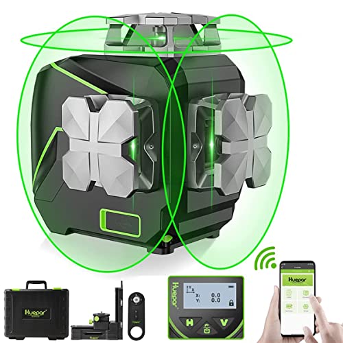 Image of Huepar 3D Laser Level with LCD Screen 3x360°Bluetooth Connected Green Beam Cross Line Laser Level Tool -360° Horizontal/Vertical Line -Remote Control&Hard Carry Case S03CG