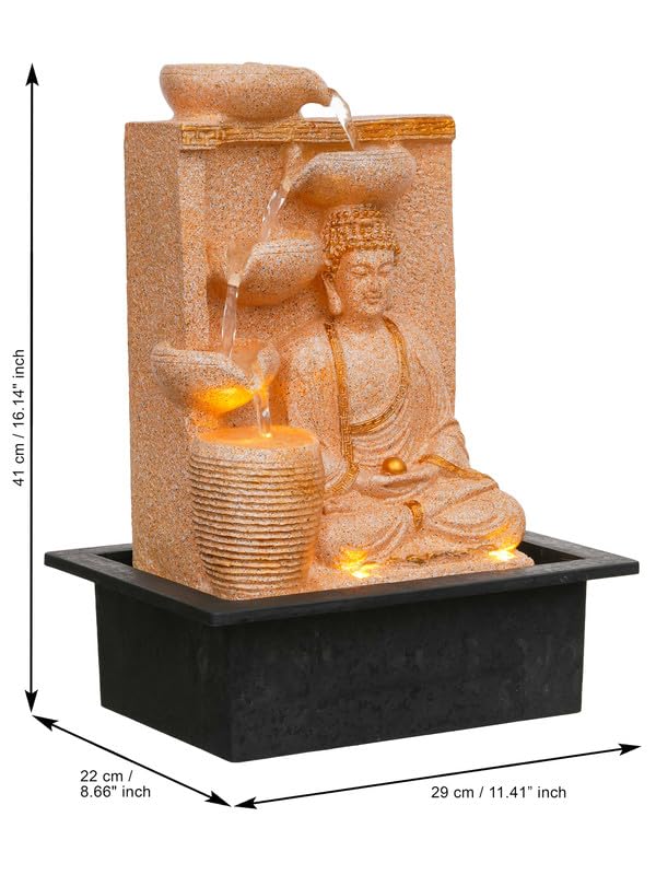 Image of Polyresin Sand Meditating Buddha Tabletop Indoor 4 Diya Steps Water Fountain for Home Decor with Yellow LED Light & Speed Controller Pump (Size: 40 x 29.5 x 22CM | Wt: 2685grm)