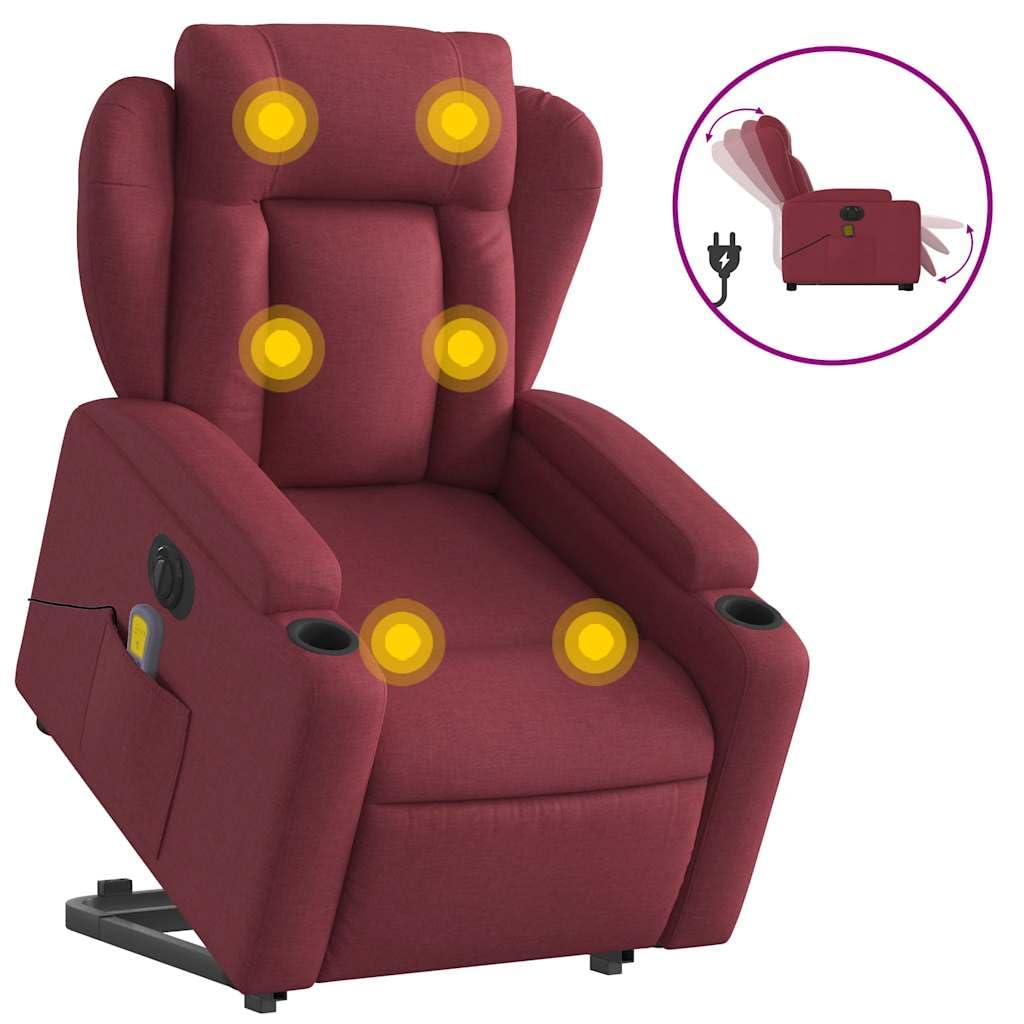 Sillón elevador eléctrico reclinable con función de elevación y 6 puntos de vibración, tejido rojo vino, cómodo con portavasos y bolsillo, estructura