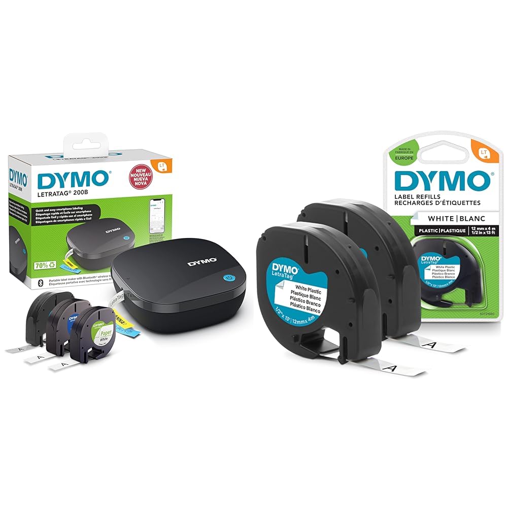 DYMO LetraTag 200B-Beschriftungsgerät mit Bluetooth | kompakter Etikettendrucker & Original LetraTag Etikettenband | schwarz auf weiß | 12 mm x 4 m