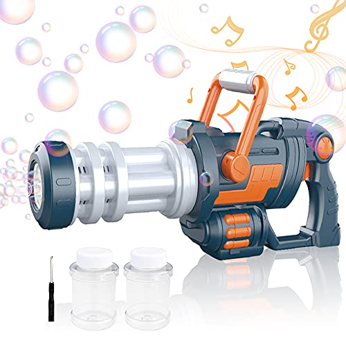 GOKKCL Gatling Bubble Gun for Kids, Fun Bubbles Blowing Toys for Boys and Girls, Led Light Musical Bubble Machine Indoor & Outdoor Summer Toy, Best Birthday Gift for Kids 3+(Gray)