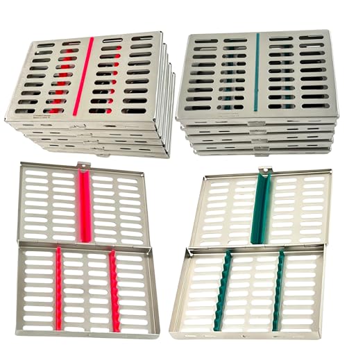Pack of 10 Sterilization Cassette Boxes, 7in x 5.5in x 1.25in, with Green and Pink 10 Slot Silicone Inserts, Simultaneous Sterilization - German Steel