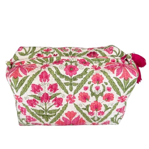Block Print Designer Toiletry Bag & Makeup Case - Boho Floral Quilted Pouch for Cosmetics, Skincare - Waterproof Lined Organizer for Purse, Travel, Gift Large (9x7x4 inches) Multi 34