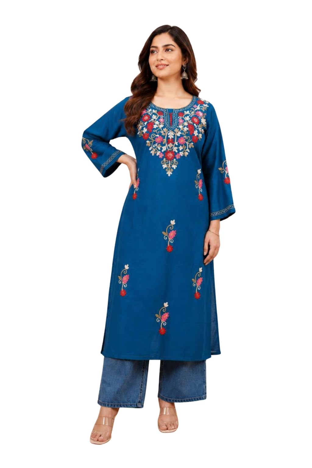 Women's Blue Rayon Straight Kurti with Floral Embroidery, 3/4 Bell Sleeves, Round Neck, Casual-picture-20