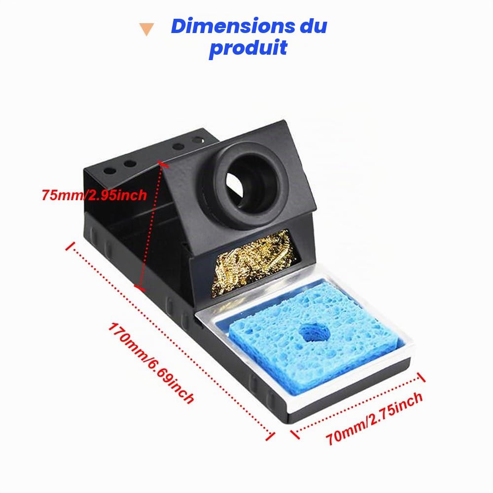 Support de fer à souder, support de fer à souder portable et stable avec laine de laiton, éponge de nettoyage, fentes pour pointes de soudure, pas besoin d'eau