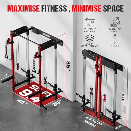 Image of WM3-V4 Folding Squat Rack, Wall Mounted Power Rack with Dual Independent Pulley System, Functional Trainer with 5 Adjustable Function Modes for Space Saving
