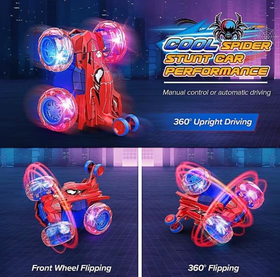 Miniatura 7 de Juguete de auto de control remoto de araña, auto de acrobacias recargable con 360 vueltas 4WD con luz brillante, divertidos juguetes al aire libre