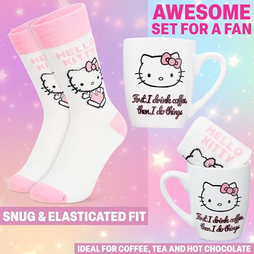 Image of Get Trend Hello Kitty Sanrio 11oz Mug and Socks Set, Kawaii Crew Socks Ceramic Coffee Mug Microwave Safe, Gifts for Women, Wife, Girlfriend (Pink /White Hello Kitty)