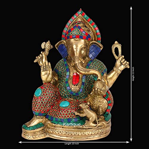 Image of Kartique Brass Ganesha Idol Sitting Stone Inlay Multicolor 13 Inch