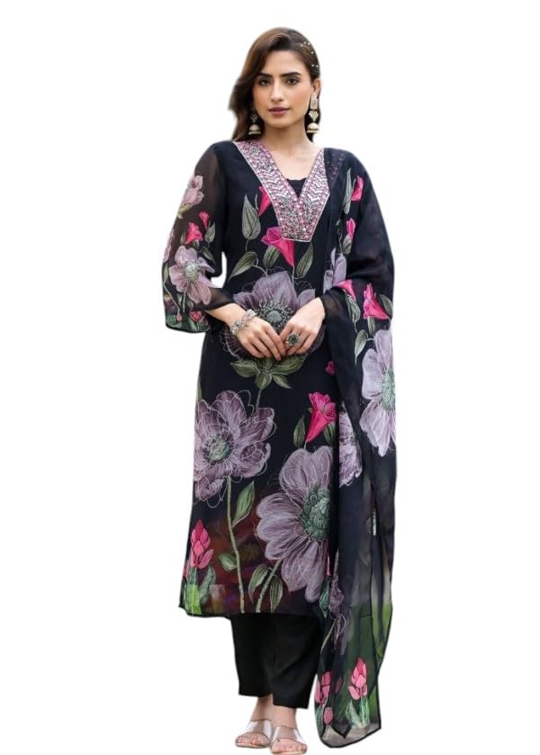 New Straight Kurti Style Dress Georgette Fabric Floral Print Kurti with Plazzo and Chanderi Dupatta