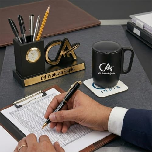 Image of Giftana Personalized 4 in 1 CA Desk Organizer Gift Set (Black) | Employee Welcome Kit, Corporate Gift for Employees