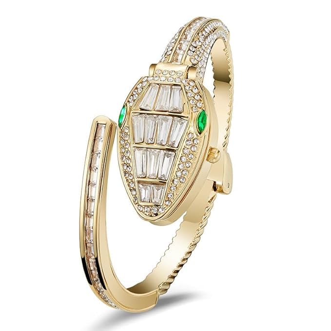 Image of Women's Gold Bracelet Watch | Snake Coil Cuff Style | Crystal Studded Oval Dial | Elegant Jewellery Watch for Women & Girls | Party, Wedding & Festive