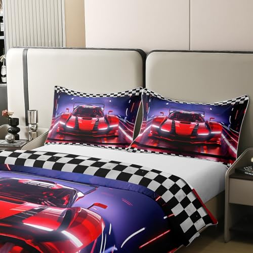 Homemissing Race Car 100% Cotton Duvet Cover Cool Speed Racing Car Bedding Set for Kids Boys Girls Home Decor Automobile Extreme Sport Comforter Cover Set Black White Grid Quilt Cover Single - Image 4