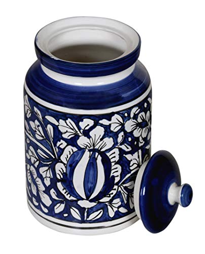 Image of Blue Pottery Hand Painted Mughal Ceramic Storage Pickle Jar for Home, 2 KG