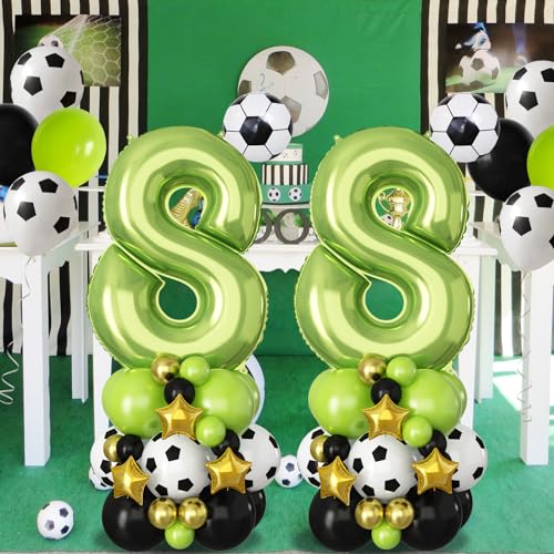 Image of Green Number 8 Balloon Soccer 40 Inch Number Eight Foil Balloons Tower Set for Boys 8th Birthday Party Decorations Giant Large Digital Aluminum Balloons Stack for Football Lover World Sports Game