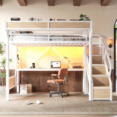 Image of Bellemave Full loft Bed with Storage Stairs, Wardrobe, Shelves, Metal Full Loft Bed Frame for Adults, Kids, Teens, White+Natural Wood with Stairs