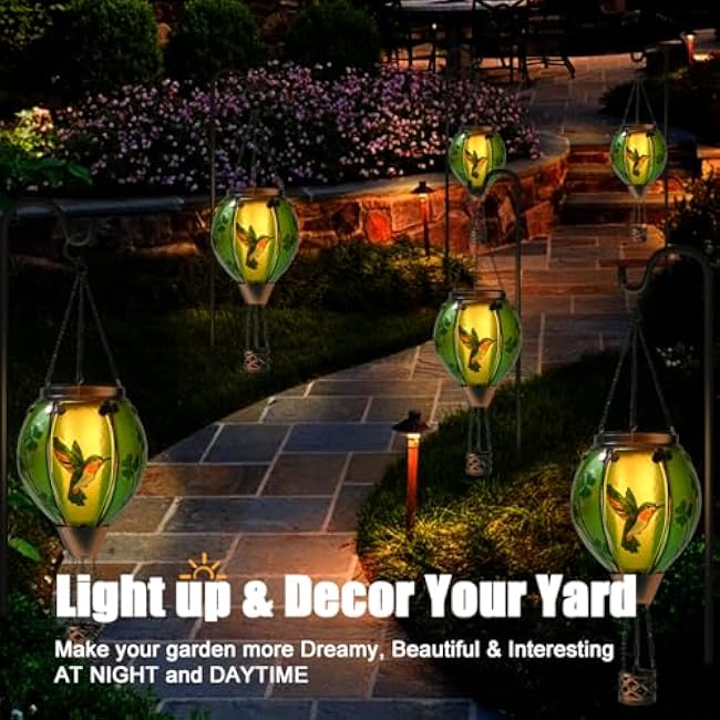 St Patricks Hot Air Balloon Solar Lantern - Patrick's Shamrock Glass Lantern, Simulated Flickering & Dancing Flame, Outdoor Hummingbird Hanging Yard Light for Patio Porch Decor Irish Clover Gift