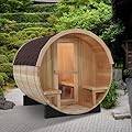 TaTalife Outdoor Barrel Steam Sauna Room with Porch, Canadian Hemlock Wood Sauna Room with 6KW TOULE Electric Heater with Sauna Stone, Sauna Accessories, 4-6 Person Home Traditional Wooden Saunas